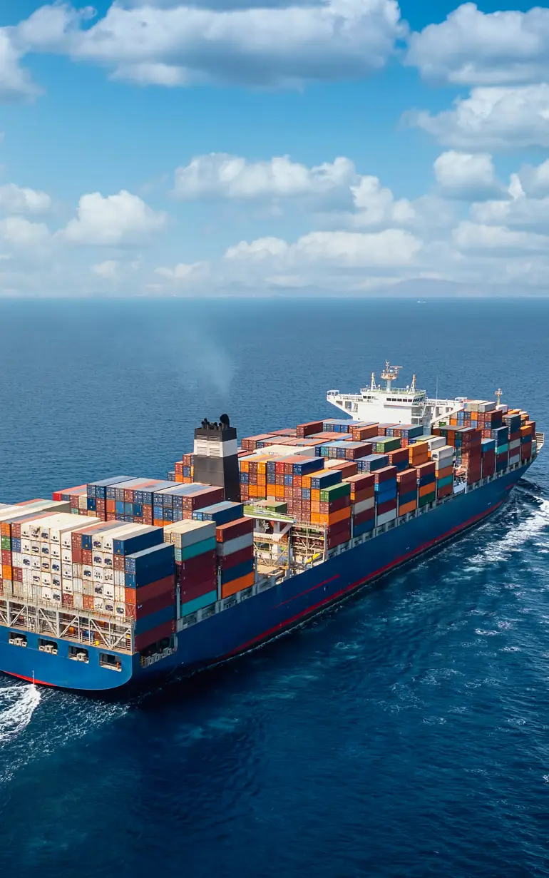 A large container cargo ship travels over calm, blue ocean